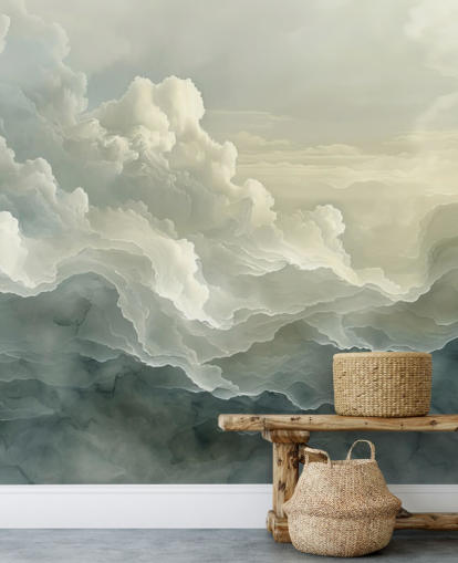 mural de papel pintado de nubes blancas y negras llamado Abstract Layered Clouds para dormitorios, baños y cocinas