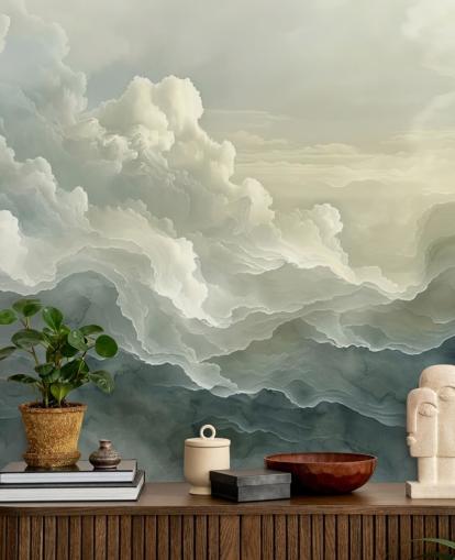 mural de papel pintado de nubes blancas y negras llamado Abstract Layered Clouds para dormitorios, baños y cocinas