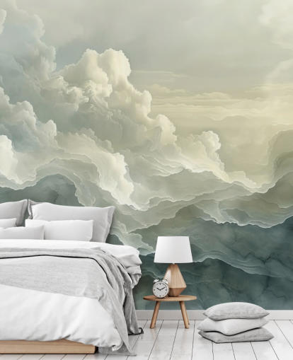 witte en zwarte wolkenbehangmuurschildering genaamd Abstract Layered Clouds voor slaapkamers, badkamers en keukens