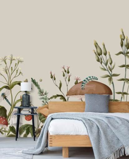 colourful customisable autumn woodland wallpaper mural called Mushrooms, Berries and Bugs
