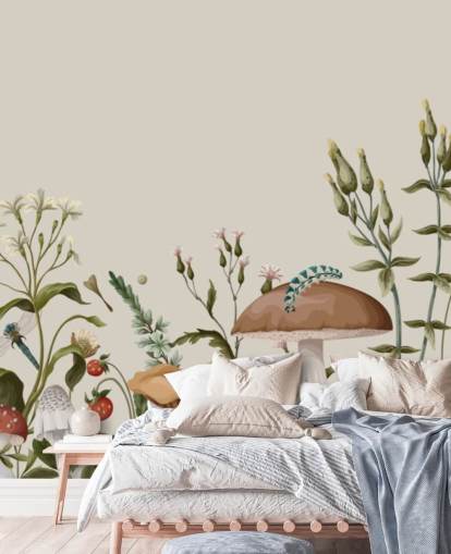 colourful customisable autumn woodland wallpaper mural called Mushrooms, Berries and Bugs