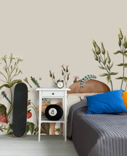 colourful customisable autumn woodland wallpaper mural called Mushrooms, Berries and Bugs colourful customisable autumn woodland wallpaper mural called Mushrooms, Berries and Bugs