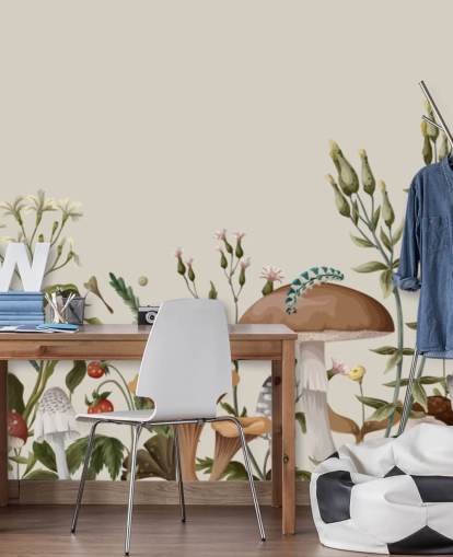 colourful customisable autumn woodland wallpaper mural called Mushrooms, Berries and Bugs