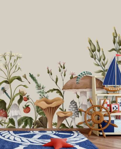 mural de papel de parede colorido e personalizável da floresta de outono chamado Mushrooms, Berries and Bugs