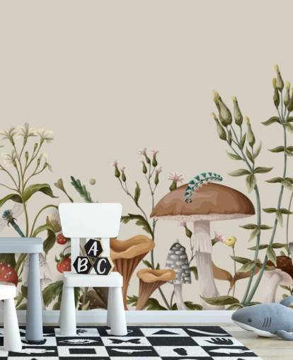 colourful customisable autumn woodland wallpaper mural called Mushrooms, Berries and Bugs colourful customisable autumn woodland wallpaper mural called Mushrooms, Berries and Bugs