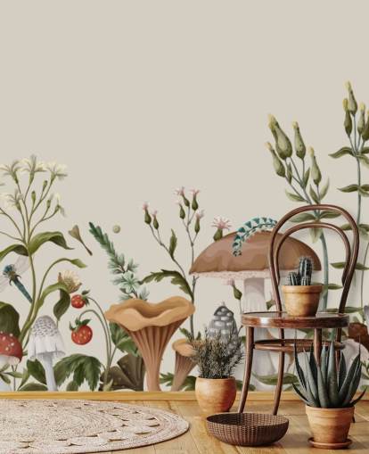 farverigt tilpasseligt efterårsskovstapetmaleri kaldet Svampe, bær og insekter farverigt tilpasseligt efterårsskovstapetmaleri kaldet Svampe, bær og insekter