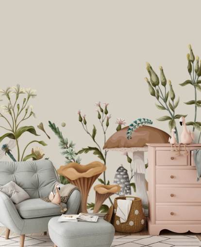 colourful customisable autumn woodland wallpaper mural called Mushrooms, Berries and Bugs