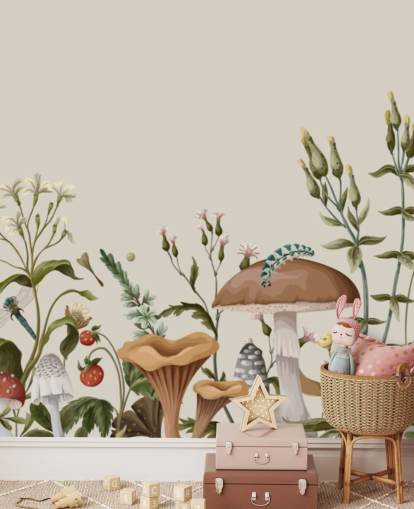 carta da parati murale colorata e personalizzabile con boschi autunnali chiamata Mushrooms, Berries and Bugs