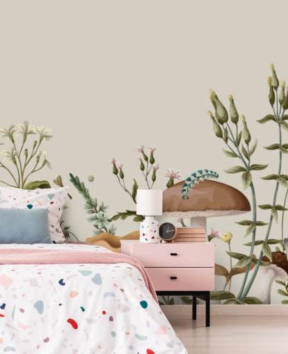 colourful customisable autumn woodland wallpaper mural called Mushrooms, Berries and Bugs