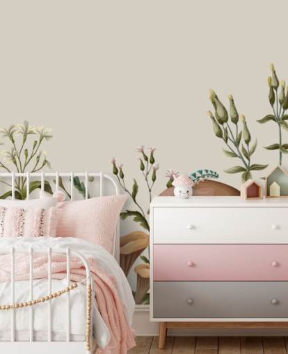 carta da parati murale colorata e personalizzabile con boschi autunnali chiamata Mushrooms, Berries and Bugs