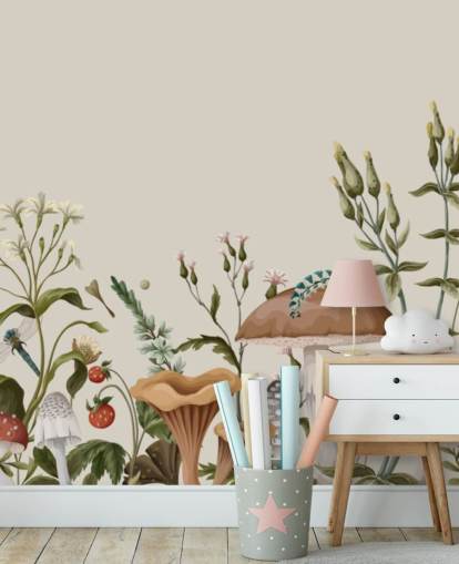 colourful customisable autumn woodland wallpaper mural called Mushrooms, Berries and Bugs colourful customisable autumn woodland wallpaper mural called Mushrooms, Berries and Bugs