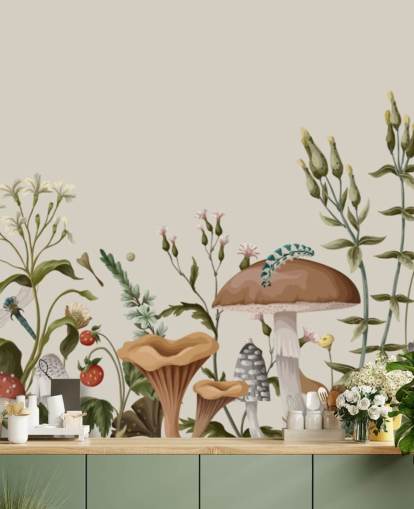 colorful customizable autumn woodland wallpaper mural called Mushrooms, Berries and Bugs colorful customizable autumn woodland wallpaper mural called Mushrooms, Berries and Bugs