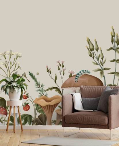 colourful customisable autumn woodland wallpaper mural called Mushrooms, Berries and Bugs