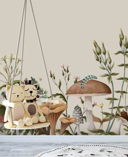 carta da parati murale colorata e personalizzabile con boschi autunnali chiamata Mushrooms, Berries and Bugs carta da parati murale colorata e personalizzabile con boschi autunnali chiamata Mushrooms, Berries and Bugs