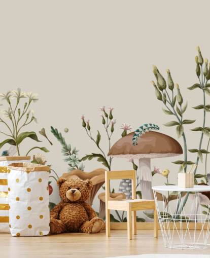 colourful customisable autumn woodland wallpaper mural called Mushrooms, Berries and Bugs