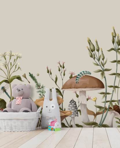 farbenfrohe, individuell gestaltbare Herbst-Tapete mit dem Titel „Pilze, Beeren und Käfer“ farbenfrohe, individuell gestaltbare Herbst-Tapete mit dem Titel „Pilze, Beeren und Käfer“