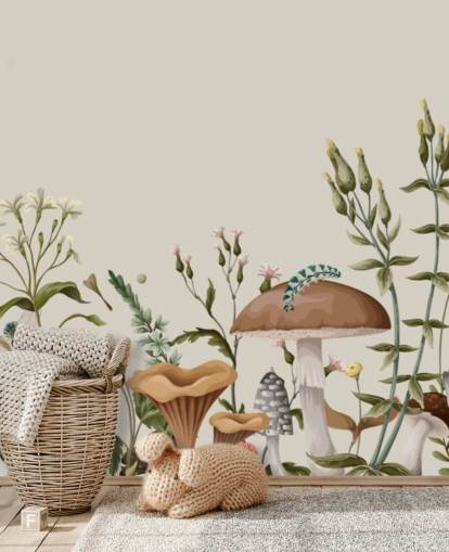 farbenfrohe, individuell gestaltbare Herbst-Tapete mit dem Titel „Pilze, Beeren und Käfer“