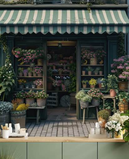 aanpasbare muurschildering aan de winkelgevel genaamd Vintage Flower Shop voor bedrijven en verzorgingstehuizen aanpasbare muurschildering aan de winkelgevel genaamd Vintage Flower Shop voor bedrijven en verzorgingstehuizen