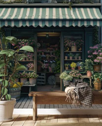 tilpasselig butiksfacade vægmaleri kaldet Vintage Flower Shop til virksomheder og plejehjem tilpasselig butiksfacade vægmaleri kaldet Vintage Flower Shop til virksomheder og plejehjem