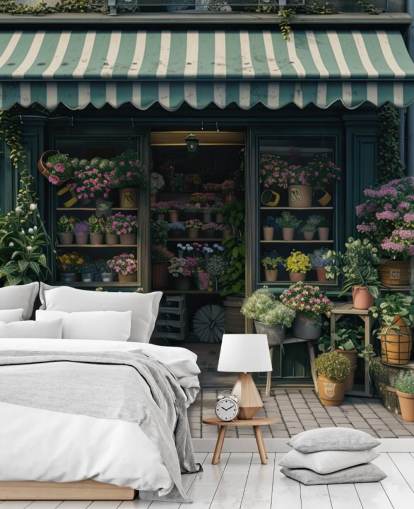 tilpasselig butiksfacade vægmaleri kaldet Vintage Flower Shop til virksomheder og plejehjem