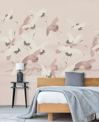 beige kran tapet veggmaleri kalt Flying Vintage Flying Cranes av Bloomery Decor for soverom, stuer og ganger