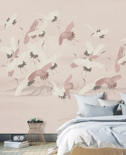 mural de papel de parede de guindaste bege chamado Flying Vintage Flying Cranes da Bloomery Decor para quartos, salas de estar e corredores