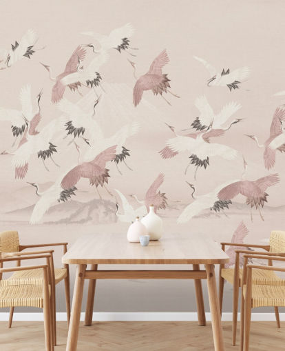 beige kran tapet veggmaleri kalt Flying Vintage Flying Cranes av Bloomery Decor for soverom, stuer og ganger