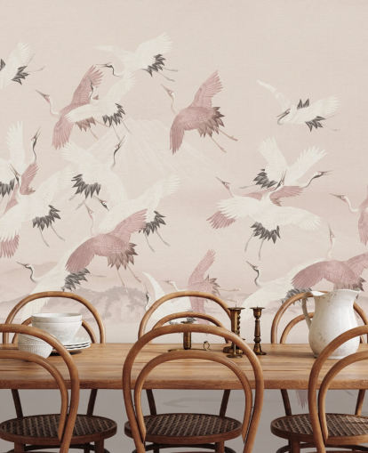 beige kran tapet veggmaleri kalt Flying Vintage Flying Cranes av Bloomery Decor for soverom, stuer og ganger
