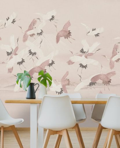 mural de papel de parede de guindaste bege chamado Flying Vintage Flying Cranes da Bloomery Decor para quartos, salas de estar e corredores