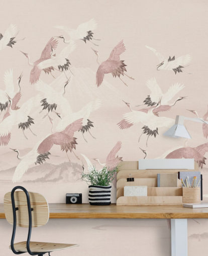 papier peint mural en forme de grue beige appelé Flying Vintage Flying Cranes par Bloomery Decor pour les chambres, les salons et les couloirs