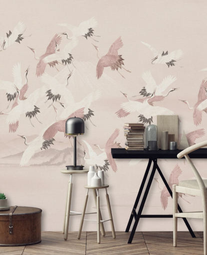 beige kran tapetväggmålning kallad Flying Vintage Flying Cranes av Bloomery Decor för sovrum, vardagsrum och hallar