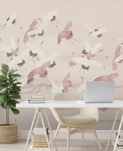 mural de papel pintado de grullas beige llamado Flying Vintage Flying Cranes de Bloomery Decor para dormitorios, salas de estar y pasillos