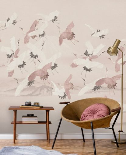 beige kran tapetmaleri kaldet Flying Vintage Flying Cranes af Bloomery Decor til soveværelser, stuer og gange