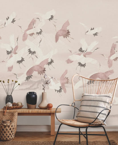 papier peint mural en forme de grue beige appelé Flying Vintage Flying Cranes par Bloomery Decor pour les chambres, les salons et les couloirs