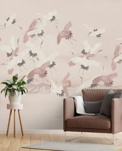 beige crane wallpaper mural called Flying Vintage Flying Cranes by Bloomery Decor for bedrooms, living rooms and hallways