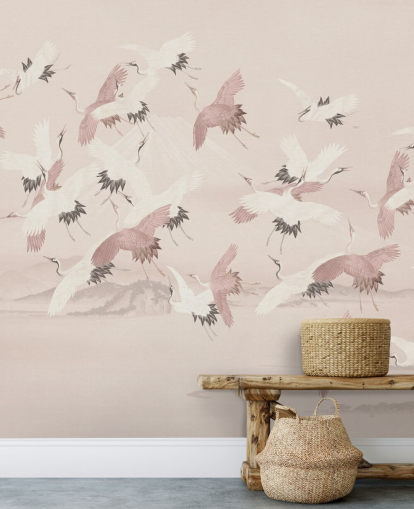 carta da parati murale beige con gru chiamata Flying Vintage Flying Cranes di Bloomery Decor per camere da letto, salotti e corridoi