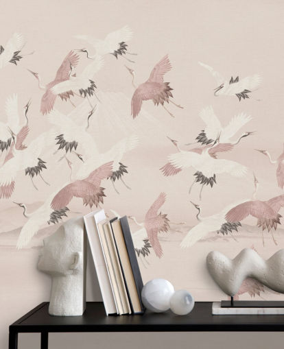 beige kran tapetmaleri kaldet Flying Vintage Flying Cranes af Bloomery Decor til soveværelser, stuer og gange