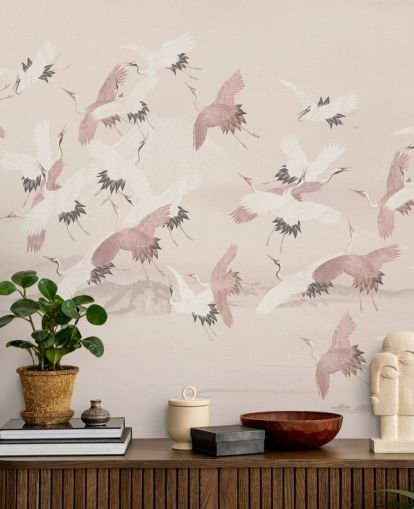 beige crane wallpaper mural called Flying Vintage Flying Cranes by Bloomery Decor for bedrooms, living rooms and hallways beige crane wallpaper mural called Flying Vintage Flying Cranes by Bloomery Decor for bedrooms, living rooms and hallways