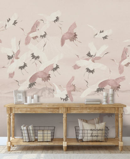 beigefarbenes Kranich-Tapeten-Wandbild namens Flying Vintage Flying Cranes von Bloomery Decor für Schlafzimmer, Wohnzimmer und Flure