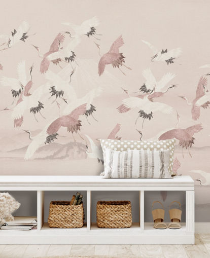 Bloomery Decorin beige nosturin taustakuvamaalaus nimeltä Flying Vintage Flying Cranes makuuhuoneisiin, olohuoneisiin ja käytäviin Bloomery Decorin beige nosturin taustakuvamaalaus nimeltä Flying Vintage Flying Cranes makuuhuoneisiin, olohuoneisiin ja käytäviin