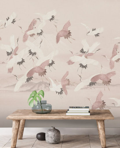 beige crane wallpaper mural called Flying Vintage Flying Cranes by Bloomery Decor for bedrooms, living rooms and hallways