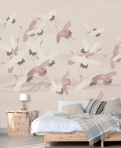 papier peint mural en forme de grue beige appelé Flying Vintage Flying Cranes par Bloomery Decor pour les chambres, les salons et les couloirs papier peint mural en forme de grue beige appelé Flying Vintage Flying Cranes par Bloomery Decor pour les chambres, les salons et les couloirs