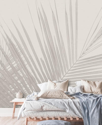 mural de pared monocromo de la jungla llamado hojas de palma tropical monocromáticas para dormitorios, comedores y baños