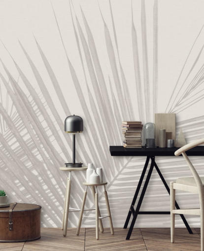 yksivärinen viidakon seinämaalaus nimeltä Monochrome Tropical Palm Leaves makuuhuoneisiin, ruokasaleihin ja kylpyhuoneisiin yksivärinen viidakon seinämaalaus nimeltä Monochrome Tropical Palm Leaves makuuhuoneisiin, ruokasaleihin ja kylpyhuoneisiin