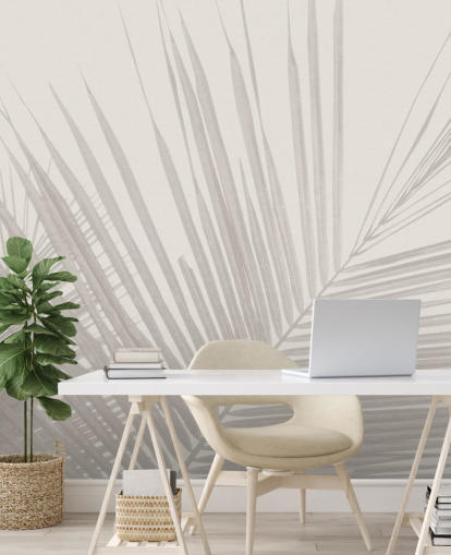 mural de pared monocromo de la jungla llamado hojas de palma tropical monocromáticas para dormitorios, comedores y baños