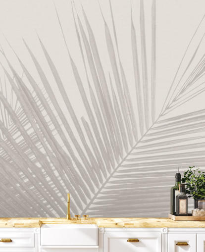 mural de pared monocromo de la jungla llamado hojas de palma tropical monocromáticas para dormitorios, comedores y baños