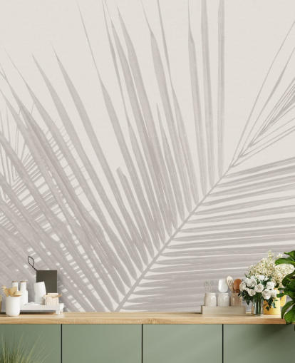 mural de parede de selva monocromático chamado Monocromático Tropical Palm Leaves para quartos, salas de jantar e banheiros