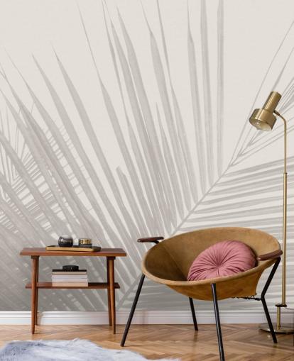 monochrome jungle wall mural called Monochrome Tropical Palm Leaves for bedrooms, dining rooms and bathrooms