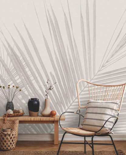 monochrome jungle wall mural called Monochrome Tropical Palm Leaves for bedrooms, dining rooms and bathrooms