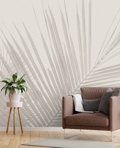 monochrome jungle muurschildering genaamd Monochrome Tropical Palm Leaves voor slaapkamers, eetkamers en badkamers monochrome jungle muurschildering genaamd Monochrome Tropical Palm Leaves voor slaapkamers, eetkamers en badkamers
